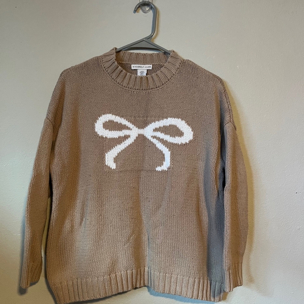 Sincerely Jules Tan Sweater with White Bow